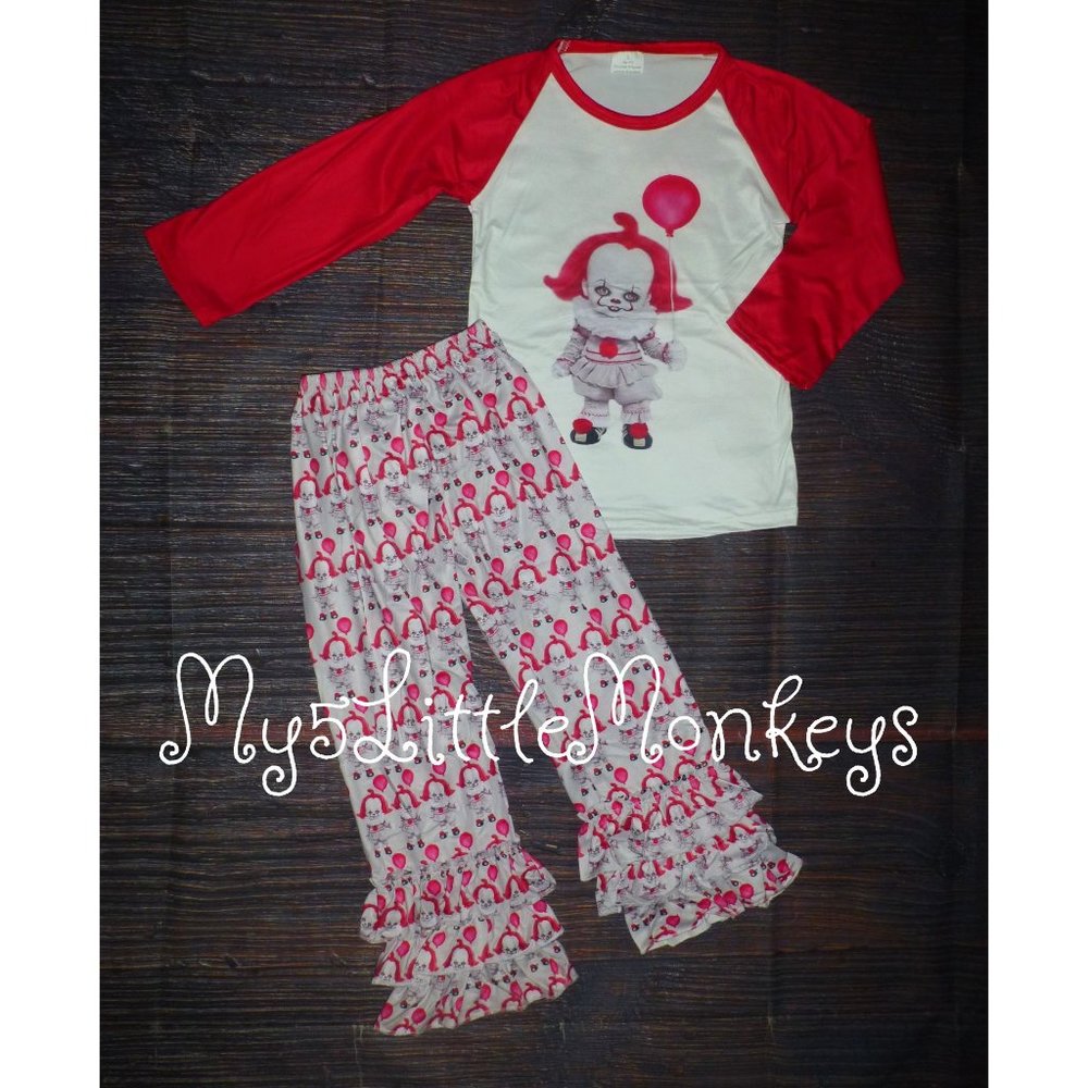 Boutique Pennywise Long Sleeve Ruffle Leggings Girls Halloween Outfit Set